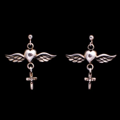 Boucles d'oreilles c�urs ail�s + croix